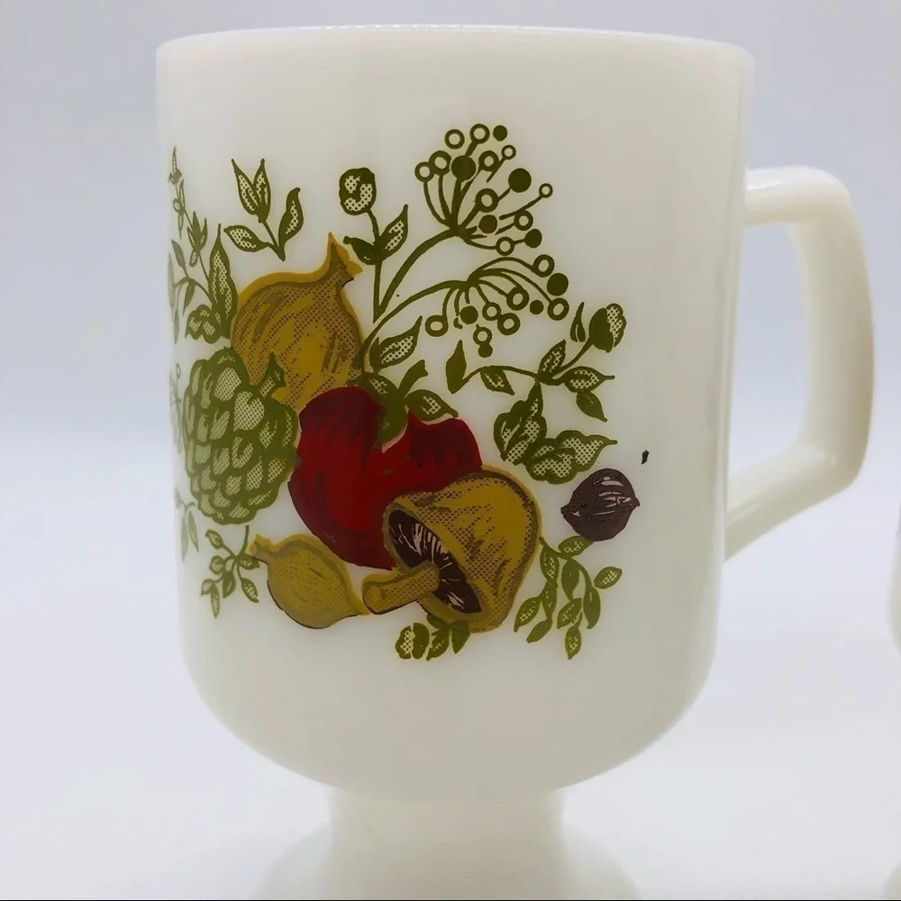 RETRO MUSHROOM PEDESTAL MILK GLASS COFFEE MUGS - SET OF 2